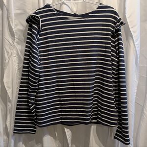 C5 NWT Lily Coco Striped Ruffle Shoulder Button-Back Top - Navy/White - XL